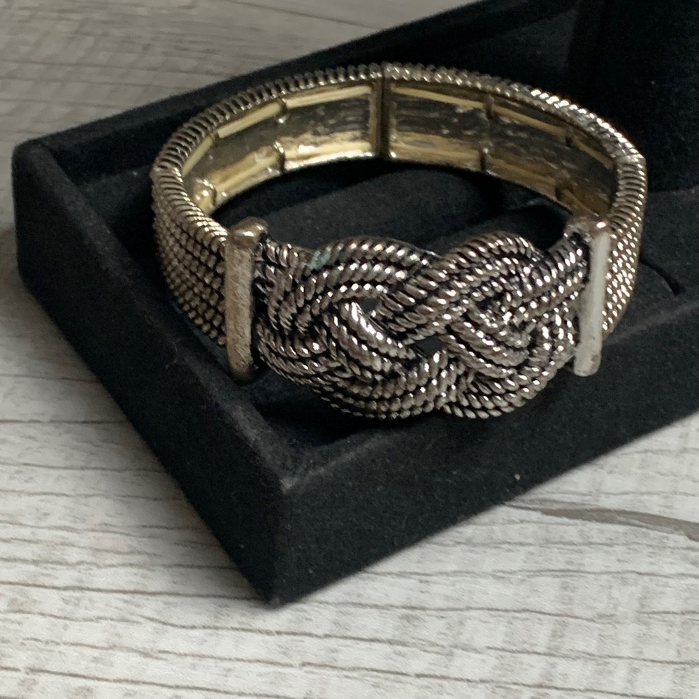 Silver Tone Nautical Love Knot Mesh Stretch Bracelet Textured Rope Design 3631